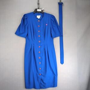 Vintage 90s Success Dress Sz 10P Blue Button Front Career Geometric Pleated Belt